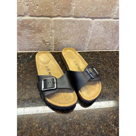 Project Cloud Memory Foam Black Leather Sandals NEW Size 7 - Picture 1 of 6
